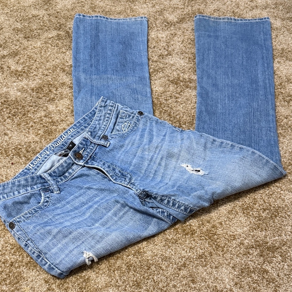 Harley-Davidson Women's Light Blue Boot Cut Jeans with Distressed Accents